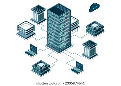 Computer technology isometric illustration. Computation of big data center. Cloud computing. Online devices upload and download information. Modern 3d isometric vector illustration
