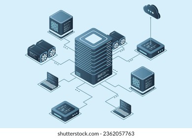 Computer technology isometric illustration. Computation of big data center. Cloud computing. Online devices upload and download information. Modern 3d isometric vector illustration