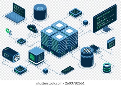 Computer technology isometric illustration. Computation of big data center. Cloud computing. Online devices upload and download information. Isometric technology