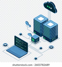 Computer technology isometric illustration. Computation of big data center. Cloud computing. Online devices upload and download information. Isometric technology