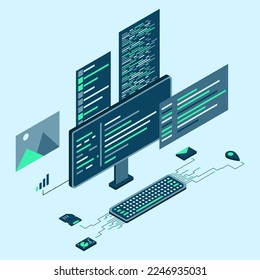 Computer technology isometric illustration. Desktop computer platforms. Software programming coding concept. Code with computer monitor. Vector illustration
