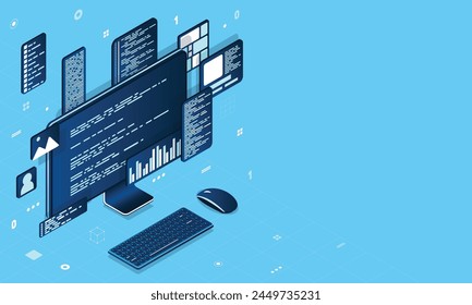 Ilustración isométrica de la tecnología informática. Plataformas para ordenadores de sobremesa. Concepto de programación de software. Código con monitor de ordenador