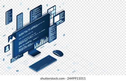 Ilustración isométrica de la tecnología informática. Plataformas para ordenadores de sobremesa. Concepto de programación de software. Código con monitor de ordenador