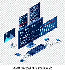 Computer technology isometric illustration. Desktop computer platforms. Software programming coding concept. Code with computer monitor. Isometric technology
