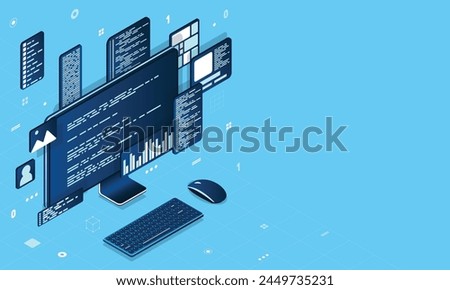 Computer technology isometric illustration. Desktop computer platforms. Software programming coding concept. Code with computer monitor