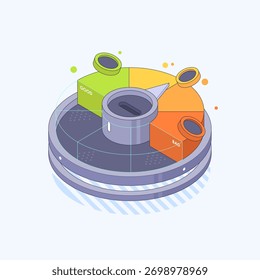 Computer technology isometric illustration. Futuristic abstract tech. Concept of data research, data analysis and science. Modern flat design isometric concept.