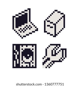 Computer technology and laptop repair pixel art icon set, system unit, wrench,
music speaker, element design for logo mobile app, web, sticker. Isolated 80s abstract vector illustration.1-bit sprite. 