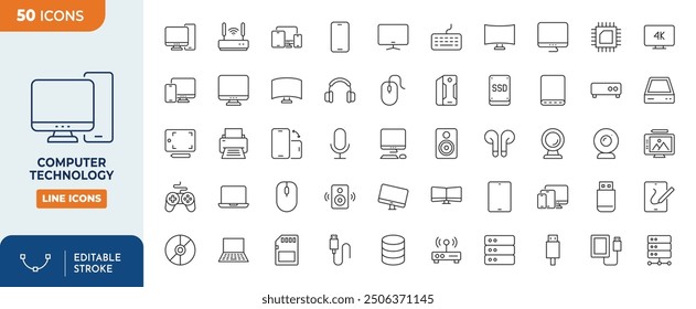 Computer technology Line Editable Icons set. computers, smart phone, watches, speaker, tablet, and more.