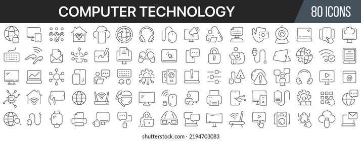 Computer technology line icons collection. Big UI icon set in a flat design. Thin outline icons pack. Vector illustration EPS10