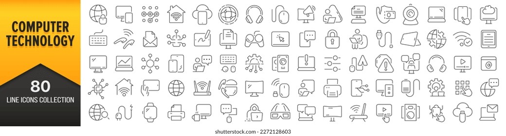 Computer technology line icons collection. Big UI icon set in a flat design. Thin outline icons pack. Vector illustration EPS10