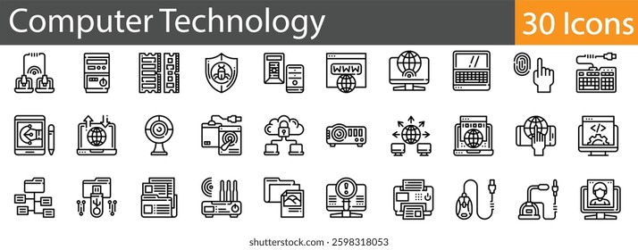 Computer Technology Line Icons Set. Collection of 30 outline icons representing hardware, software, digital devices, and IT systems. Editable stroke vector illustration.