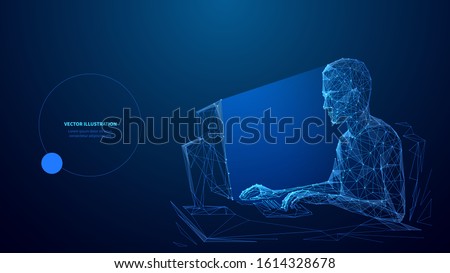 Computer technology low poly wireframe banner vector template. Software development, freelance poster polygonal design with text space. Person working with desktop PC 3d mesh art with connected dots