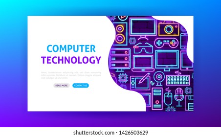 Computer Technology Neon Landing Page. Vector Illustration of Electronics Promotion.