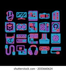 Computer Technology neon light sign vector. Glowing bright icon  Computer Mouse And Keyboard, Monitor And Video Card, Earphones And Cooler, Disk And Cord Illustrations