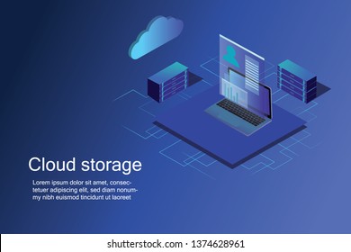 Computer Technology, Network And Database, Internet Center. Isometric Cloud Storage Concept, Network Vector 3d Schematic - Vector