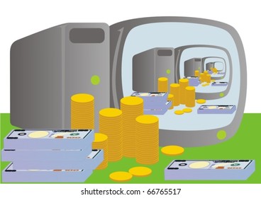 Computer technology. Next to the CPU and monitor are bundles of money and piles of coins