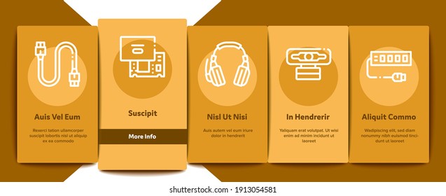 Computer Technology Onboarding Mobile App Page Screen Vector. Computer Mouse And Keyboard, Monitor And Video Card, Earphones And Cooler, Disk And Cord Illustrations