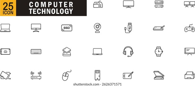 Computer technology outline icon set. Laptop, desktop, SSD, keyboard, mouse, webcam, router, printer, and accessories.