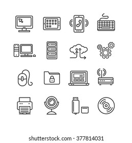 Computer Technology Outline Icon Set. Vector illustration