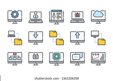 Computer technology related color line icon set. Data transfer and computer options linear icons. Synchronization and network technology colorful outline vector sign collection.