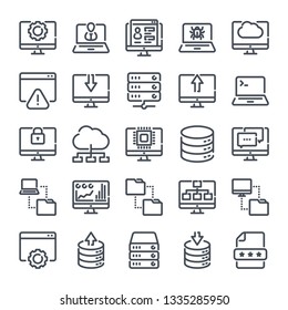 Conjunto de iconos de línea relacionados con la tecnología informática. Transferencia de datos y opciones de ordenador colección de iconos de vector lineal.