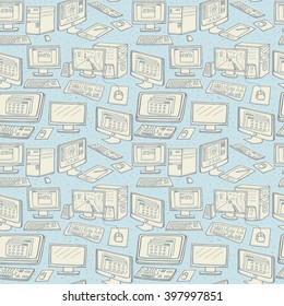Computer Technology seamless pattern. Hand drawn Computers, Desktops,  PC