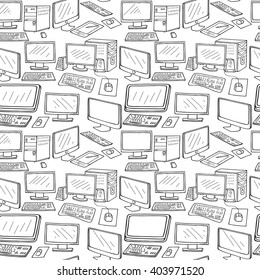 Computer Technology Seamless Pattern. Hand Drawn Computers, Desktops,  PC