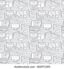 Computer Technology seamless pattern. Hand drawn Computers, Desktops,  PC