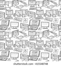 Computer Technology seamless pattern. Hand drawn Computers, Desktops,  PC