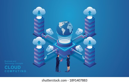 Computer technology server room digital device Isometric concept Cloud storage communication with the network Online devices uploads download information data in a database on cloud services  vector