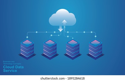 Computer technology server room digital device Isometric concept Cloud storage communication with the network Online devices uploads download information data in a database on cloud services  vector