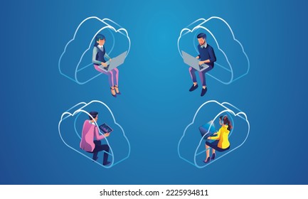 Computer technology server room digital device Isometric concept Cloud storage communication with the network Online devices uploads download information data in a database on cloud services vector