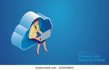Computer technology server room digital device Isometric concept Cloud storage communication with the network Online devices uploads download information data in a database on cloud services vector