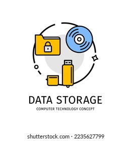 Computer Technology Thin Line Icon Data Storage Concept Include of Disk and Usb Flash Drive. Vector illustration