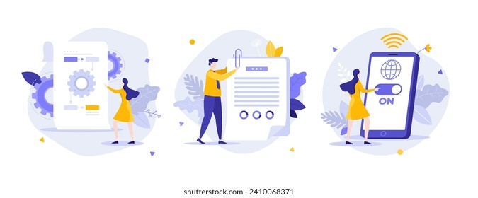 Computer technology usage flat concept vector illustrations set. Setting and connection to internet network cartoon composition. Business digitization creative idea for website, presentation