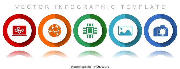 Computer and technology vector icon collection, miscellaneous icons such as laptop, network, chip, image and photo camera, flat design infographic template in eps 10