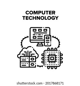 Computer Technology Vector Icon Concept. Server Database For Storaging Data Information And Microchip, Pc Screen And Smartphone Digital Electronic Computer Technology Black Illustration