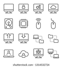 Computer Technology Vector Line Icon Set. Contains such Icons as CPU, Hard disk, Synchronize, network and more. Expanded Stroke