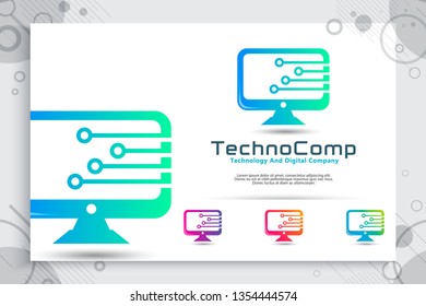 computer technology vector logo with modern designs , abstract illustration monitor and circuit technology as a symbol icon of digital template computer tech