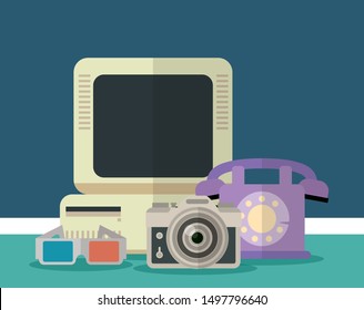 computer telephone 3d glasses photography camera evolution gadgets technology vector illustration
