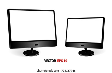 Computer template, realistic image. Display. 3D view from the front. Conceptual graphic object. Empty screen for banners, advertising. Vector image. Isolated, on white background.