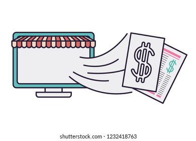 computer with tent and bills