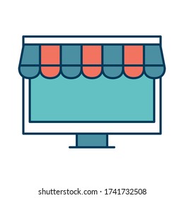 computadora con línea de tienda y diseño de iconos de estilo de relleno de comercio de compras y tema de mercado Ilustración de vectores