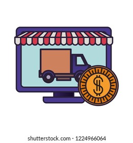 computer with tent and shopping cart