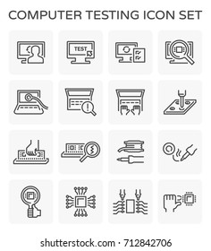 Computer testing vector icon. Include pc, laptop, technician, equipment tool, hardware and component. To service consist of upgrade, virus and error scan, check, fix or repair. Editable stroke.