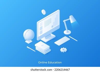 Computer, textbooks, globe and lamp. Concept of distant learning, online education service, digital knowledge, studying on internet. Modern white isometric vector illustration for banner, poster.