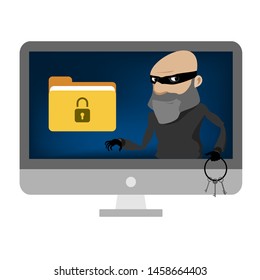 Computer Thief Hacks Personal Data. Steals Information From The PC. Id Password Stolen Criminal Hacker.