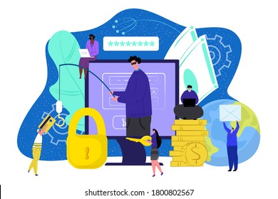 Computer thief technology. Internet security hacker vector illustration. Password virus for money fraud, crime concept. Cyber secure protection against hacking, fishing and steal privacy information.