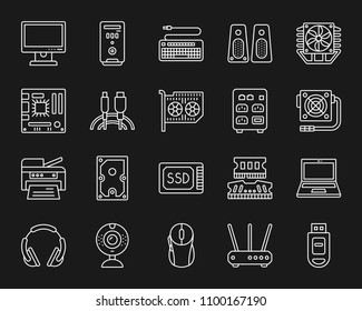 Computer thin line icons set. Outline monochrome web sign kit of electronics. Gadget linear icon collection includes sound, supply, fan. Simple computer white symbol vector Illustration