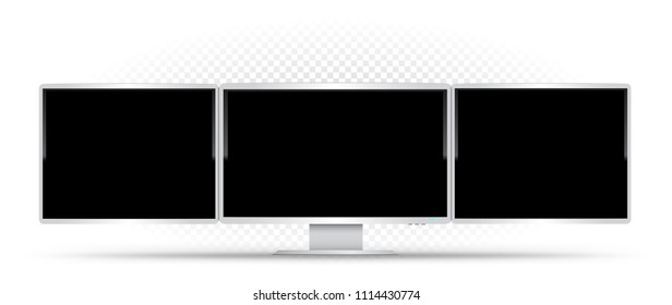 Computer with three white monitors on transparent background. Triple monitor super wide screen device. Empty black pc desktop template